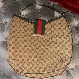 Gucci Brown Beige Monogram Hobo with Green-Red Web Strap
